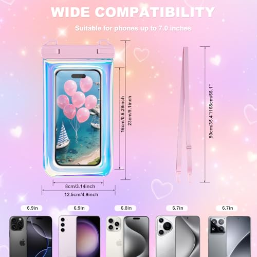 Waterproof Phone Pouch Floating, IPX68 Waterproof Phone Case for Beach Kayak Cruise Essentials, Dry Bag for iPhone 17 16 15 Pro Max Samsung S26 S25 S24, Up to 7", Iridescent Pink Letter - color: Iridescent Pink Letter