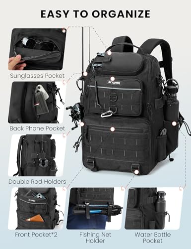 SKYSPER Tackle Backpack Fishing Bags with Rod Holder, 40L Water-Resistant Tackle Box Storage Bag for Fishing Gear Lures(Black) - color: Black