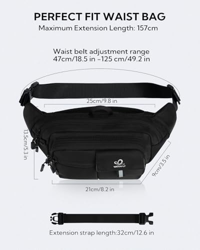 WATERFLY Fanny Pack Waist Bag: 3L Waist Pack with Anti-Theft RFID Blocking, 9 Pockets & Adjustable Belt Water Resistant Hip Pack for Women Men Travel Hiking Running - color: Black