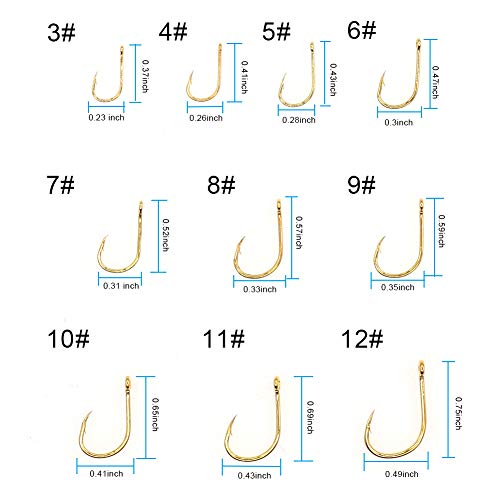 500PCS Small Fishing Hooks, Assorted 10 Sizes(3#-12#) Fish Hooks Portable Plastic Box, Strong Sharp Fishhook with Barbs for Freshwater/Seawater - color: Gold