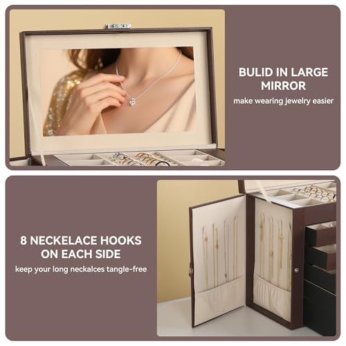 Frebeauty Large Jewelry Box,6-Tier PU Leather Jewelry Organizer,Multi-functional Storage Case with Mirror,Accessories Holder with 5 Drawers for Necklace Bracelets Watches(Dark Brown) - color: Dark Brown, size: Large