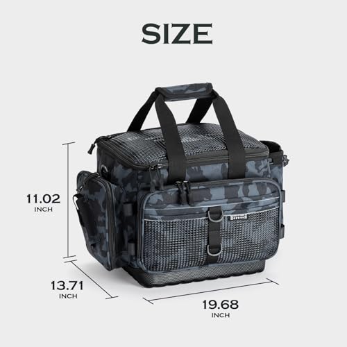 Ghosthorn Fishing Tackle Bag with Rod Holder Saltwater & Freshwater Resistant Large Tackle Box Bag - Waterproof Base, Adjustable Padded Shoulder Strap (Black Camouflage) - color: Black Camo-Waterproof Bottom, size: Large