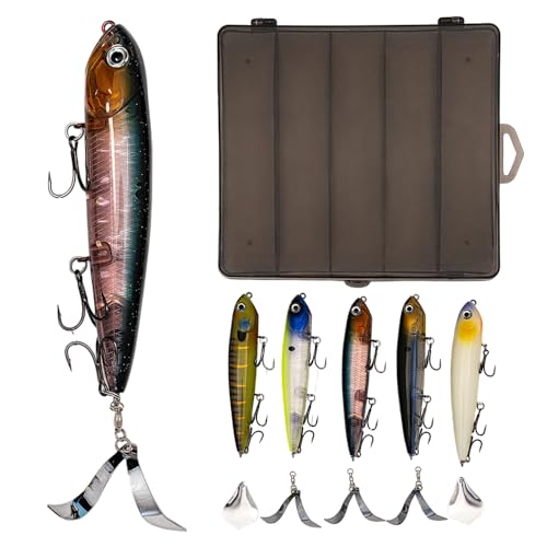 Topwater Plopping Lure Kit -5 Lures+5 Blades in Plastic Case, 4.7in,Adjustable for Walking Bait or Surface Tractor Action. Fishing Gifts for Men Targeting Pike, Bass, Musky in Freshwater