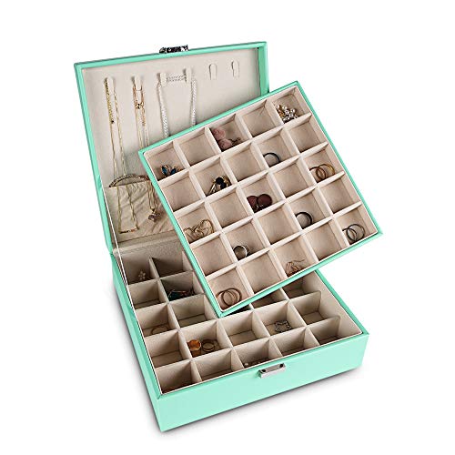 Frebeauty Earring Organizer Classic Jewelry Box 50 Slots Double Layer Jewelry Storage Case with 6 Necklace Hook and Bracelet Pocket(Turquoise) - color: Turquoise