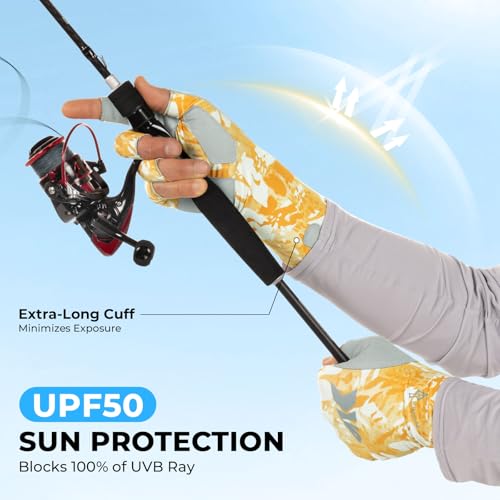KastKing Agies Fishing Gloves Men, UPF 50+ Sun Gloves UV Protection, Cooling Quick-Dry 3/4 Fingerless Gloves with Extended Cuff, Microfiber Palm & Pull Tabs, for Fishing, Kayaking, Hiking, Hunting - color: X Camo-Mahi, size: Small-Medium
