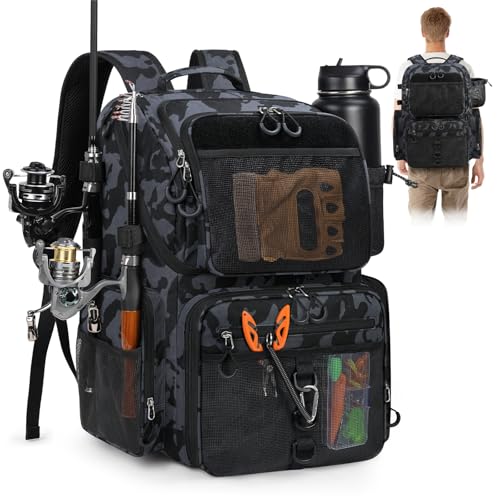 RAINSMORE 45L Fishing Backpack with Rod Holders & Rain Cover Large 900D Water-resistant Fishing Tackle Bag Store Fishing Gear - color: Black Blue Camouflage