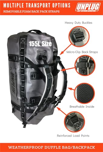 UNPLUG Ultimate Adventure | 1680D Heavy Duty Waterproof Bag | Large Travel Bag which can be Used for Camping, Motorcycling, Boating, or Hunting|155L Storm Grey - color: Storm Grey, size: 155L