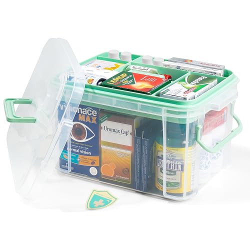 HEY FOLY 15qt Clear Medicine Organizer Storage Box with Tray, Plastic First Aid Box Empty, Thickened Medicine Container Chest, Multipurpose Medical Case with Labels, Medicine Caddy with Lids Handles - color: Green
