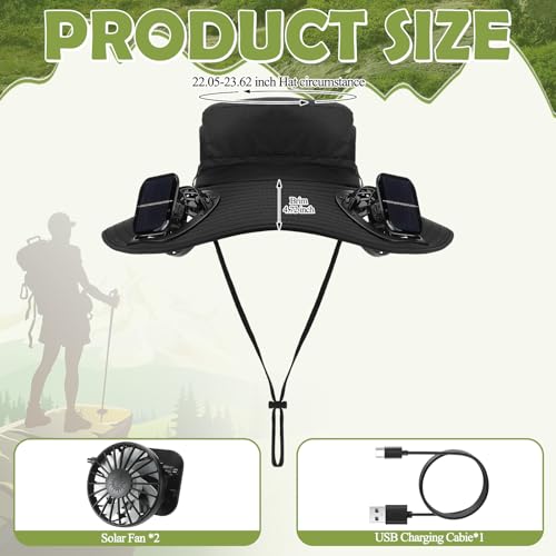 Berlune Sun Hat with 2 Solar Fan Wide Brim Fishing Bucket Hat USB & Solar for Men Women UPF 50+ Cooling for Fishing Beach - color: Black, size: 5.9 Inch Brim
