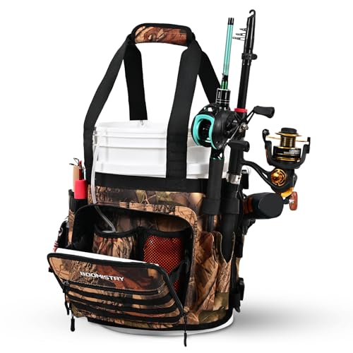 Boomistry Fishing Bucket Organizer for 5 Gallon Bucket, Brown Camo | 15 Multi-Pockets, 4 Built-in Rod Holder Storage, 3 Adjustable Buckles, for All Fishing Gear & Tackle Accessories - color: Brown Camo