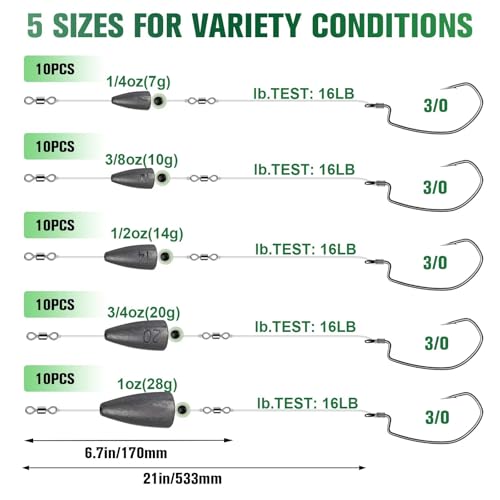 Dovesun 10/5PCS Ready Tied Carolina Rig Kit for Bass Fishing Catfish Rig Catfish Hook Kit with Bass Hooks, Swivel, Fluorocarbon Line, Weights - color: 10PCS, size: Size3/0 - Weight1/2oz