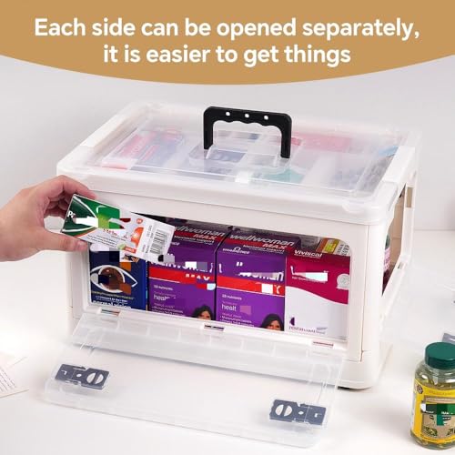 HEY FOLY 30qt Medicine Organizer Storage Box with 4-Side Opening Doors, White Foldable Medication Organizer Empty, Container Case Stackable First Aid Box for Home Storage - color: Foldable-30qt