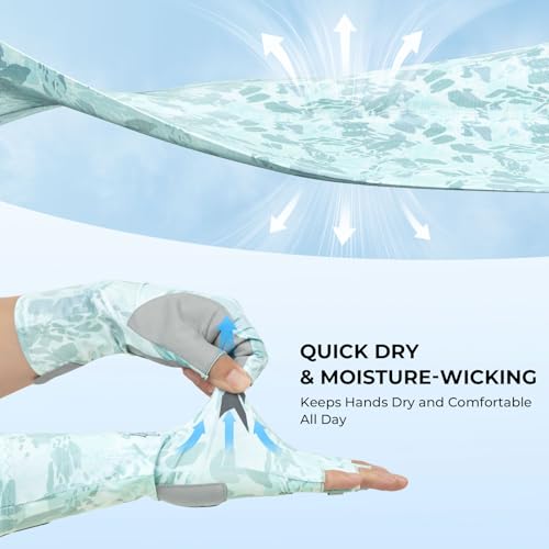 KastKing Agies Fishing Gloves Men, UPF 50+ Sun Gloves UV Protection, Cooling Quick-Dry 3/4 Fingerless Gloves with Extended Cuff, Microfiber Palm & Pull Tabs, for Fishing, Kayaking, Hiking, Hunting - color: X Camo-Pale Blue, size: Small-Medium