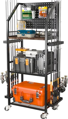 SOYEEZE Fishing Rod Holders for Garage, Fishing Pole Holders Up to 12 Rods with Pegboard and Hooks,Rolling Fishing Cart with Wheels, Fishing Gear Storage For Tackle Box & Reel Organization - color: Black-3-Sided, size: 3-Sided 6 hooks