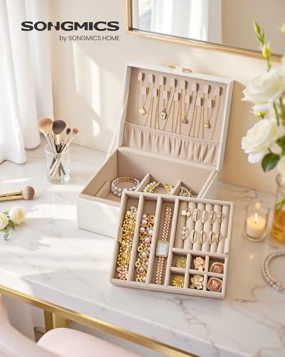 SONGMICS 2-Layer Jewelry Box Organizer, Jewelry Storage Case with Removable Tray and Handle, for Necklaces, Earrings, Rings, Bracelets, 6.7 x 8.1 x 3.7 Inches, Gift Idea, Cream White UJBC208WD01 - color: Cream White