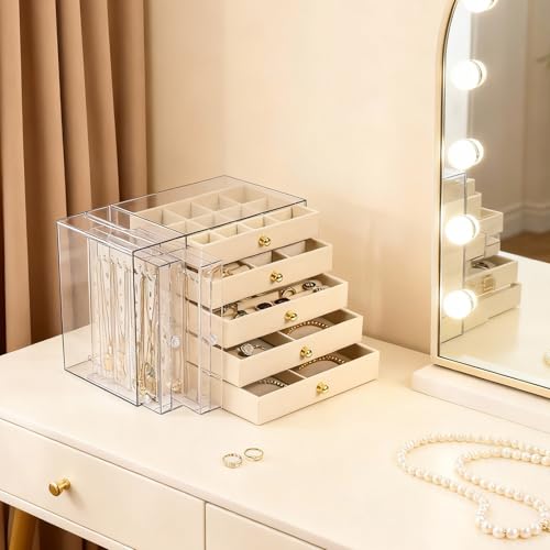 Greenfeather Jewelry Organizer and Storage with 7 Removable Drawers, Clear Acrylic Jewelry Box with 16 Necklace Hooks 48 Pairs of Earring Holes 5 Velvet-Lined Drawers for Rings Bracelets Necklaces - color: Off-White-Style B