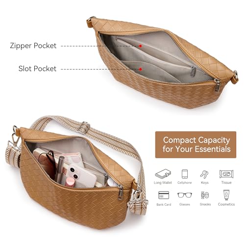 KALIDI Woven Crossbody Bags for Women Travel Vegan Leather Fanny Packs for Woman Cross Body Purse Fashion Belt Bum Bag with Wide Strap - color: Light Brown