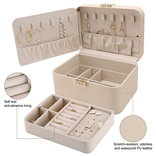 Upgraded Jewelry Box, 2 Layers PU Leather Jewelry Organizer for Women with Lock and Mirror, Hidden Necklace Hook and Removable Divider Large Capacity Travel Jewelry Box Ideal for Gift-With Gift Box - color: Beige, size: mirror