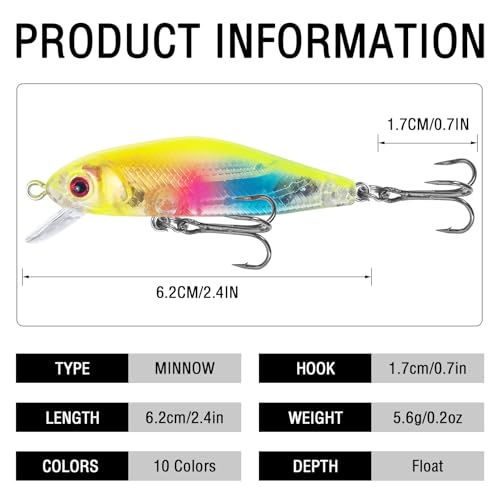 Fishing Lures Large Hard Bait Minnow VIB Lure with Treble Hook Life-Like Swimbait Fishing Bait Popper Crankbait Vibe Sinking Lure for Bass Trout Walleye Redfish - color: 10pcs 6.2cm/5.6g