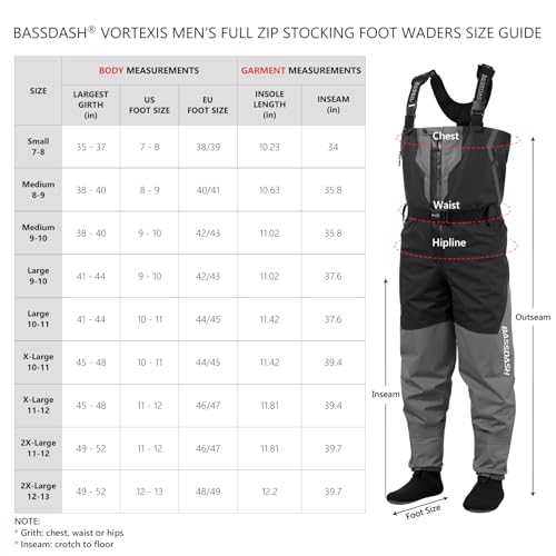 BASSDASH VORTEXIS Men’s Zippered Breathable Chest Waders Waterproof for Fly Fishing Hunting Stocking Foot Lightweight - color: Black/Grey, size: Small, Stocking Foot 7-8