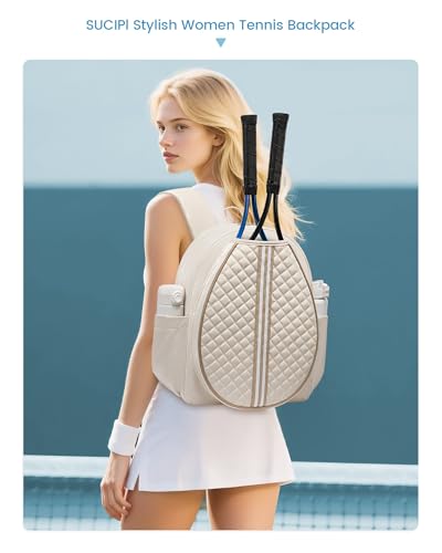 Sucipi Tennis Bag, Quilted Tennis Sling Crossbody Backpack, Water Resistant Tennis Racket Bags for Women Men, Suitable for Pickleball Tennis Badminton - color: Beige, size: Large