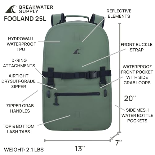 Breakwater Supply™ Fogland Waterproof IP68 Submersible Backpack | Laptop Sleeve & Airtight Zippers for Outdoors, Hunting, Fishing, Waterfowl, Floating Dry Bag, Unisex, TPU (Marsh Green, 25L) - color: Marsh Green, size: 25L