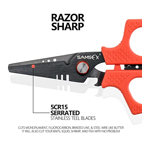SAMSFX 6.5" Pro Fishing Shears Dual Serrated Blades, Fishing Braided Line Scissors with Titanium Coating, Non-Slip Grip & Multifunction Tool, Includes Hard Molded Locking Sheath & Coiled Lanyard - color: A: Orange Kraton Handle, Hard Sheath