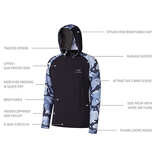 BASSDASH Men’s UPF 50 Performance Fishing Shirt Cooling Hoodie Camo Long Sleeve FS17M - color: Black / Blue Camo, size: Large