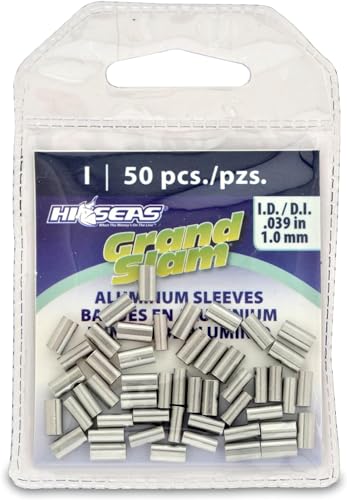 HI-SEAS Grand Slam Aluminum Fishing Line Crimp Sleeves - Retail Pack, Durable and Strong Crimps for Monofilament 40lb Test up to 600lb Test for Saltwater Fishing Leaders - style: 50 Pc/1.0 Mm Inside Diameter