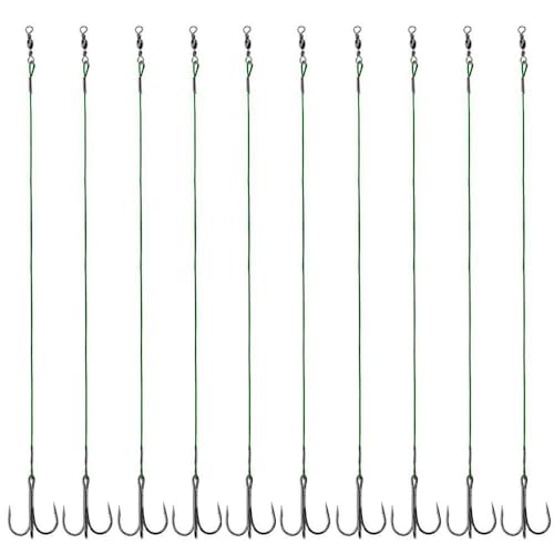 5-10pcs Fishing Treble Hook with Leader Nylon Coated Fishing Wire Leader with Swivel 3/0 2/0 1/0 1# 2# 4# 6# - color: Green Leader, size: 1/0-10pcs