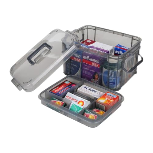 HEY FOLY 15qt Medicine Organizer Storage Box with Tray, Plastic First Aid Box Empty, Thickened Medicine Container Chest, Multipurpose Medical Case with Labels, Grey Medicine Caddy - color: Grey