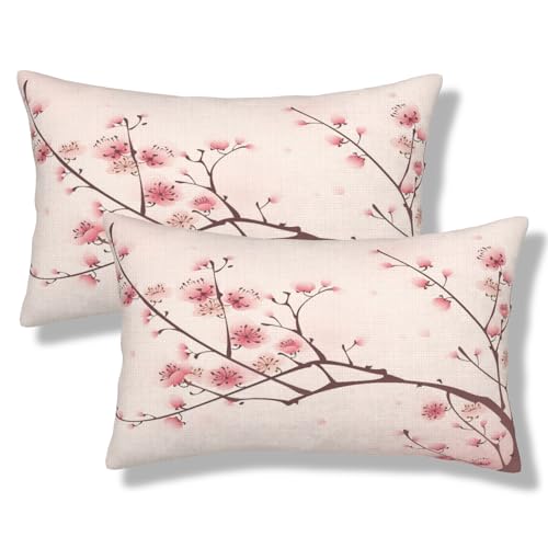 Spring Pink Throw Pillow Covers Chinese Cherry Blossom Flower Lumbar Pillow Cases 12x20 Inch Set of 2 Japan Plum Branch Outdoor Decorative Pillowcase Cushion Cover for Couch Sofa - color: Pink, size: 20" x 12" (Pack of 2)