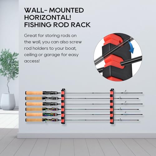 Axlksia Fishing Rod Holder Wall Mount, 1 Pair Fishing Pole Holders for Garage, Boats, 6 Fishing Rod Storage Racks - color: Horizontal Red