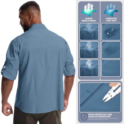 Mens Safari Sun Shirts UPF 50+ UV Sun Protection Long Sleeve Outdoor Quick Dry Fishing Hiking Gardening Shirts - color: 5051 Ocean Blue, size: Large