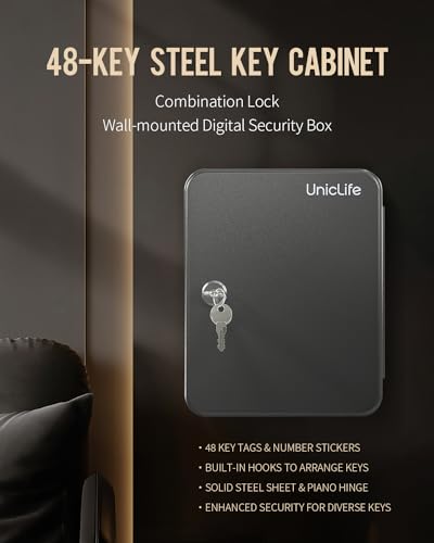 Uniclife 48-Key Steel Key Cabinet with 2 Unlocking Keys Wall Mounted Key Organizer Black Frosted Security Box with Hooks and Key Tag Labels Identifiers in 9 Assorted Colors - color: Black, size: 48-Key