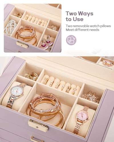 Homde Synthetic Leather Huge Jewelry Box Mirrored Watch Organizer Necklace Ring Earring Storage Lockable Gift Case (Grey Purple + Gold) - color: Grey Purple + Gold