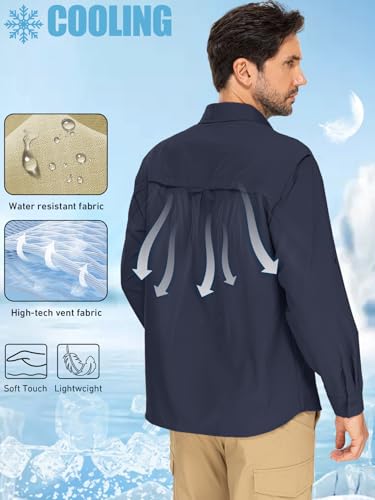 linlon Mens Safari Shirts Long Sleeve UV Protection Hiking Fishing UPF 50+ Quick Dry Cooling Camping Travel Shirts - color: Azure Blue, size: Medium