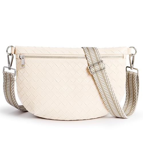 KALIDI Woven Crossbody Bags for Women Travel Vegan Leather Fanny Packs for Woman Cross Body Purse Fashion Belt Bum Bag with Wide Strap - color: Beige