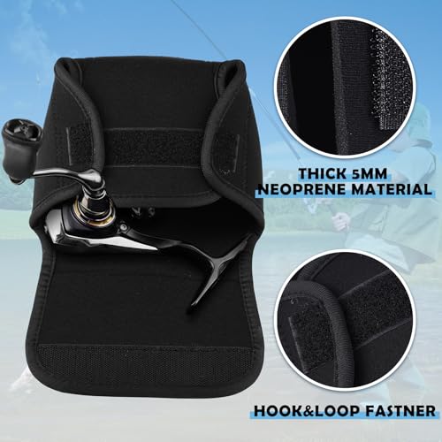 2 Pcs Black Spinning Reel Cover Fishing Reel Case Bag Gloves and 2 Pcs Black L Size Rubber Neoprene Protective Cover Soft Adjustable Case Pouch Sleeve Gloves Fits 2000-3000 Size