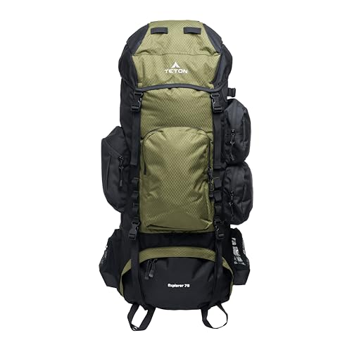 Teton 75L Explorer Internal Frame Backpack for Hiking, Camping, Backpacking, Rain Cover Included, Olive - color: Olive, size: 75L