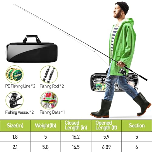 Fishing Pole and Reel Combo - 2PCS Carbon Fiber Telescopic Rods Spinning Reels Saltwater/Freshwater Kit with Lures, Line and Carrier Bag, Travel Fishing Gear for Adults - size: 5.9 FT