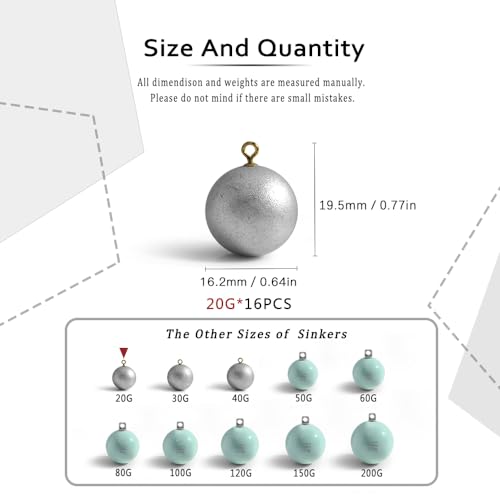 Lead Free Fishing Weights Sinkers 20g-200g Coated Egg Sinkers Cannonball Weights Assorted Sizes Bag and Fishing Weights Assortment Box Non-Lead Fishing Weights Saltwater Freshwater - style: 20g(0.7oz)-16pcs