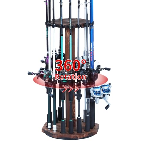 360° Rotating Natural Wood Fishing Rod Holder, Round Floor-Standing Fishing Rack Stores 16 Rods, Fishing Pole Storage Organizer for Garage, Basement, or Shed, Easy to Install - size: Round