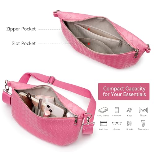 KALIDI Woven Crossbody Bags for Women Travel Vegan Leather Fanny Packs for Woman Cross Body Purse Fashion Belt Bum Bag with Wide Strap - color: Pink