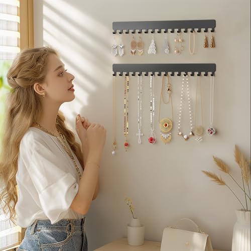 Bussdis Necklace Holder - Extended Hanging Jewelry Organizer, Self-Adhesive, Wall Mount, 2 Pack, Black - color: Black, size: 13.19 inch