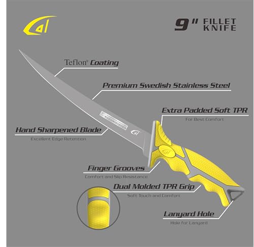 Gambler 9" Flex Fillet Knife Yellow Karl Fishing Knives, Bait Knife, Premium Swedish Stainless Steel Blade, Non-Stick Teflon Coating for Smooth, Precise Cuts, Freshwater/Saltwater - size: 9" Flex