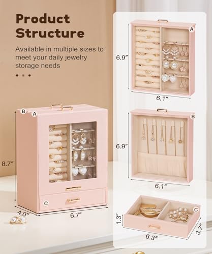 Homde Jewelry Organizer Girls Women Jewelry Box for Necklaces Rings Earrings Gift Bracelets Storage Case (Peach Pink + Gold) - color: Peach Pink + Gold