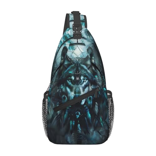 Wolf Dream Catcher Sling Backpack Chest Bag Crossbody Shoulder Bag Gym Cycling Travel Hiking Daypack For Men Women - color: Wolf Dream Catcher