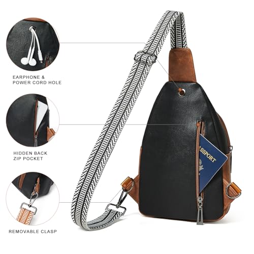 LATMAP 7L Sling Bag for Women Men Crossbody Belt Bag Small Travel Sling Backpack Anti Theft Chest Daypack Purse Faux Leather - color: Black and Beige With Brown