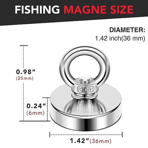 DIYMAG Strong Neodymium Fishing Magnets 150 Lbs(68 KG) Pulling Force Rare Earth Magnet with Countersunk Hole Eyebolt Diameter 1.42 inch(36 mm) for Retrieving in River and Magnetic - size: 36mm